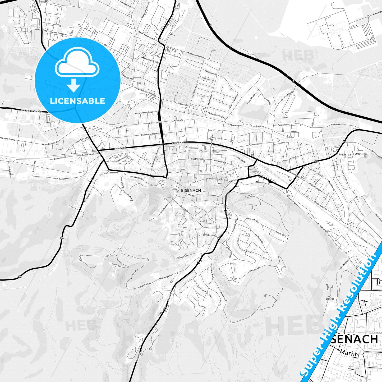 Eisenach, Germany Light Map with Street Names, City Names, and Districts