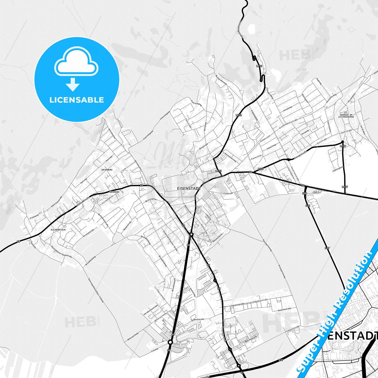 Eisenstadt, Austria Light Map with Street Names, City Names, and Districts
