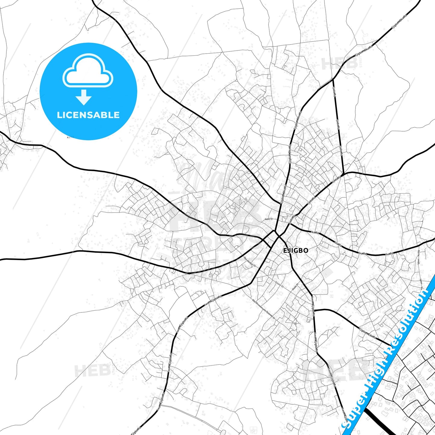 Ejigbo, Nigeria Light Map with Street Names, City Names, and Districts