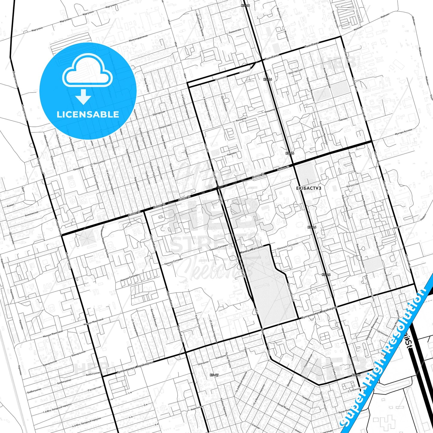 Ekibastuz, Kazakhstan Light Map with Street Names, City Names, and Districts