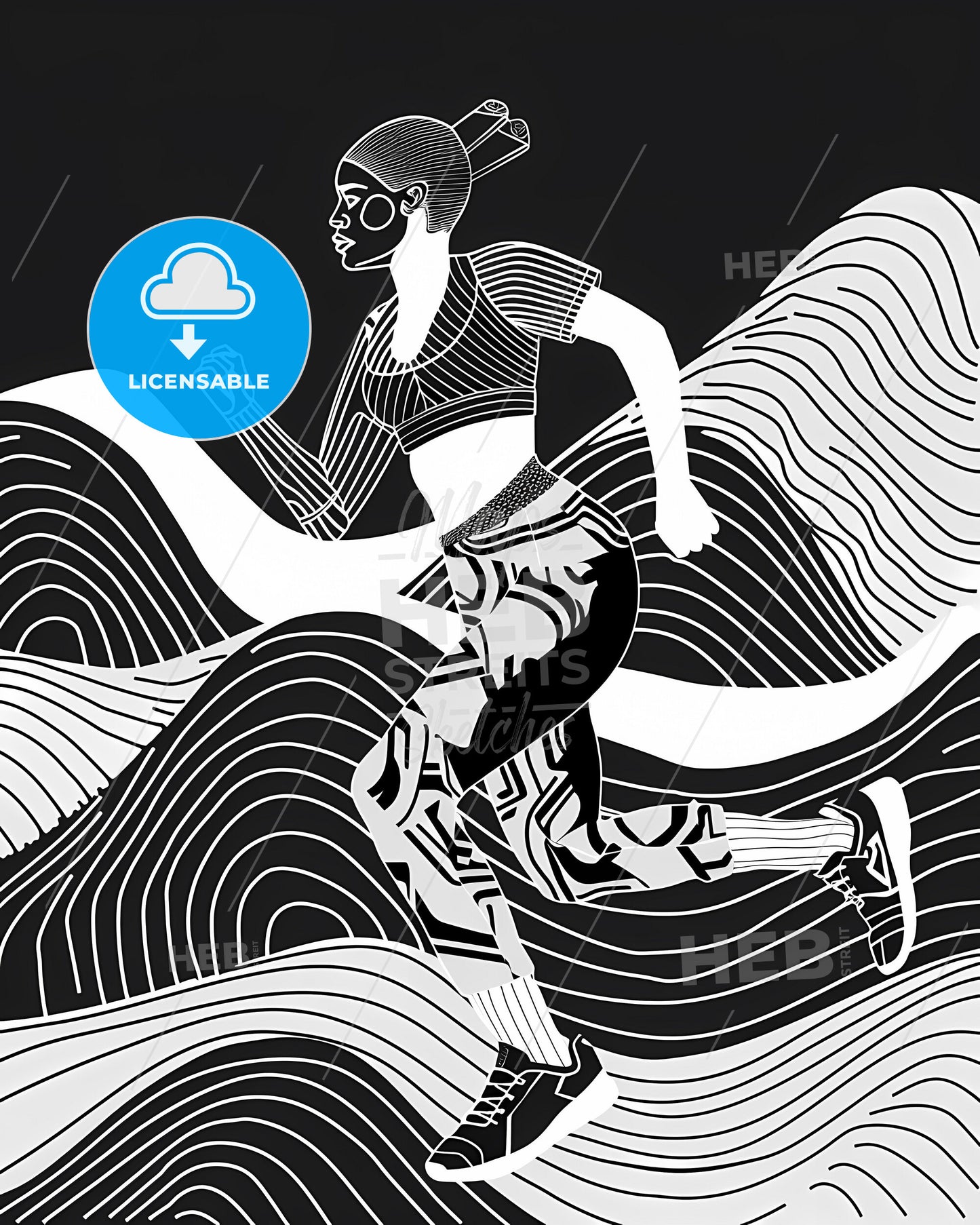 Vibrant artistic black-and-white line art of a woman running in modern fitness attire, focusing on the core workout and artistic flair
