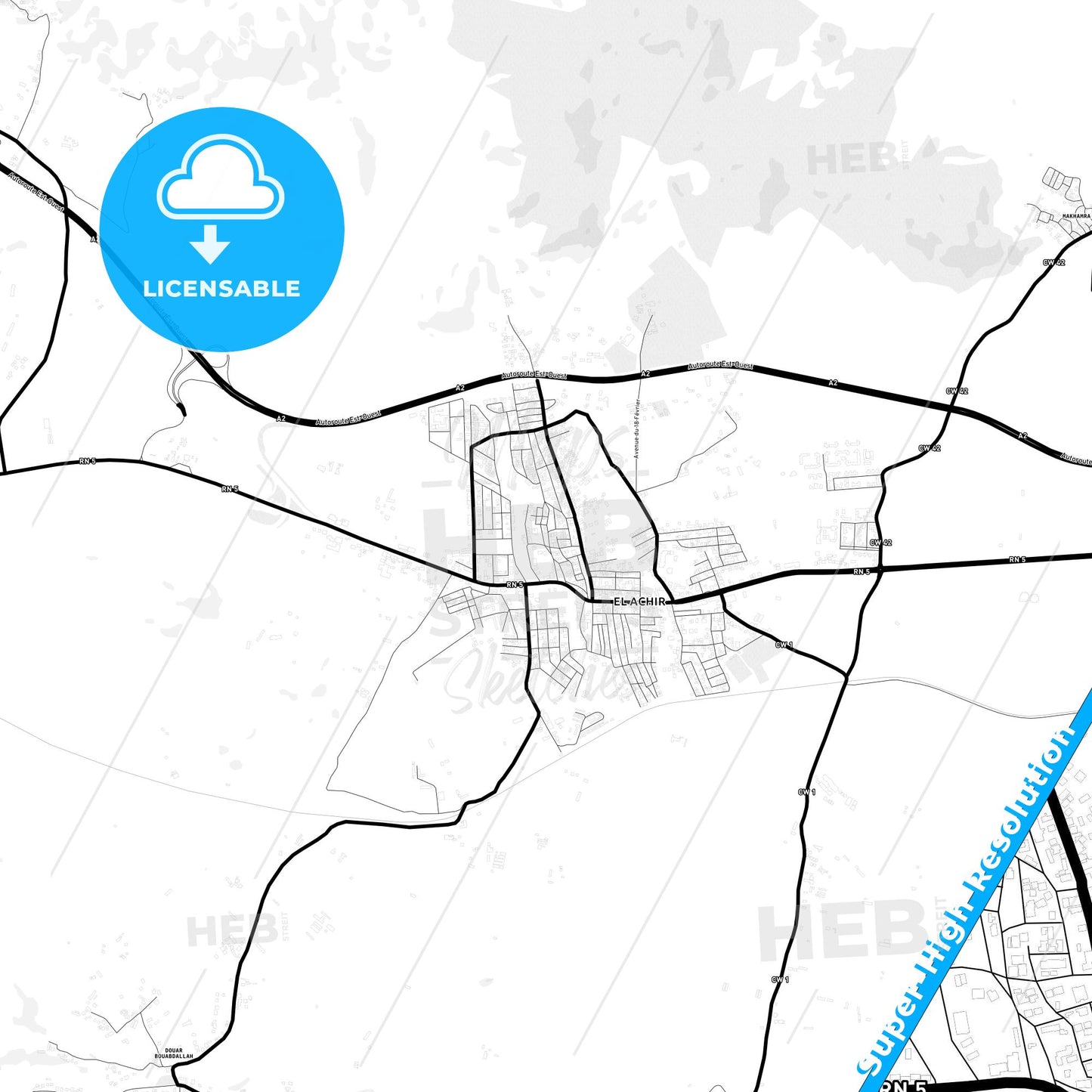 El Achir, Algeria Light Map with Street Names, City Names, and Districts