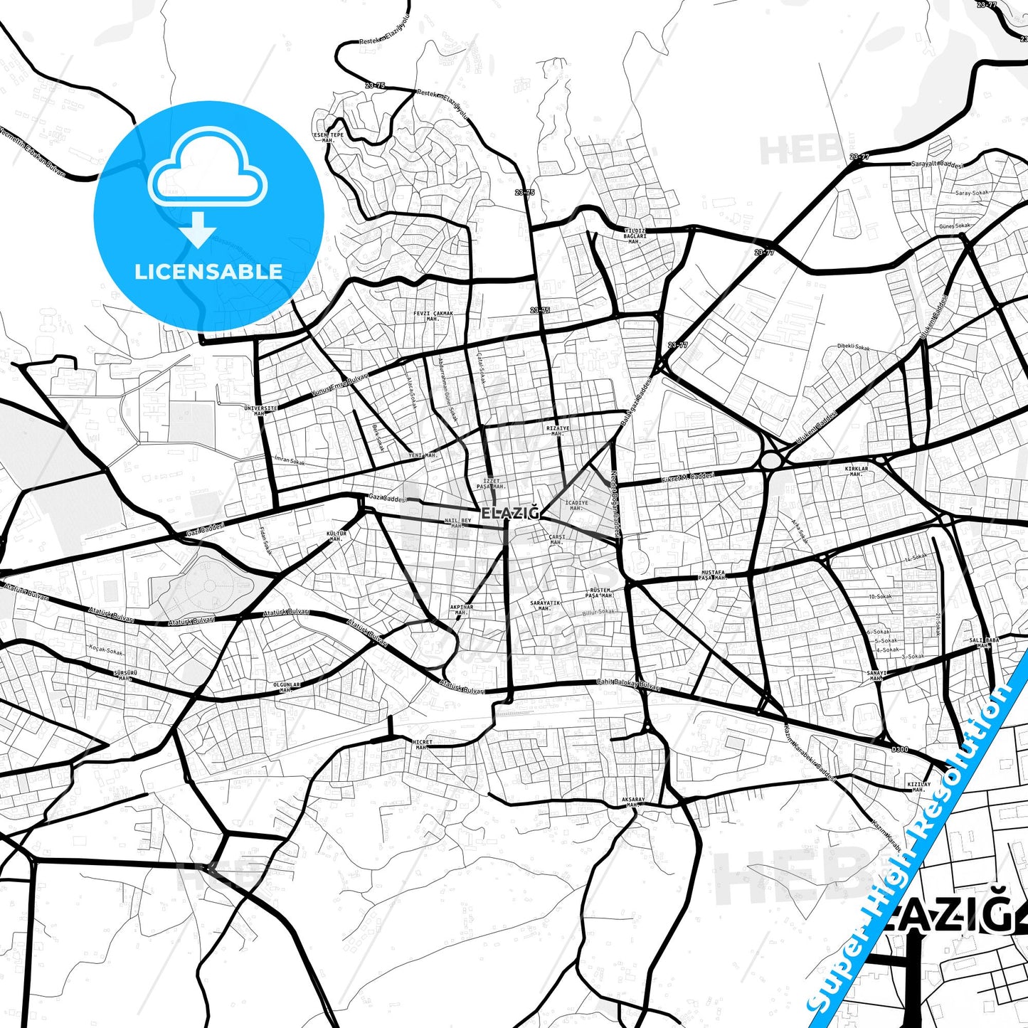 Elâzığ, Turkey Light Map with Street Names, City Names, and Districts