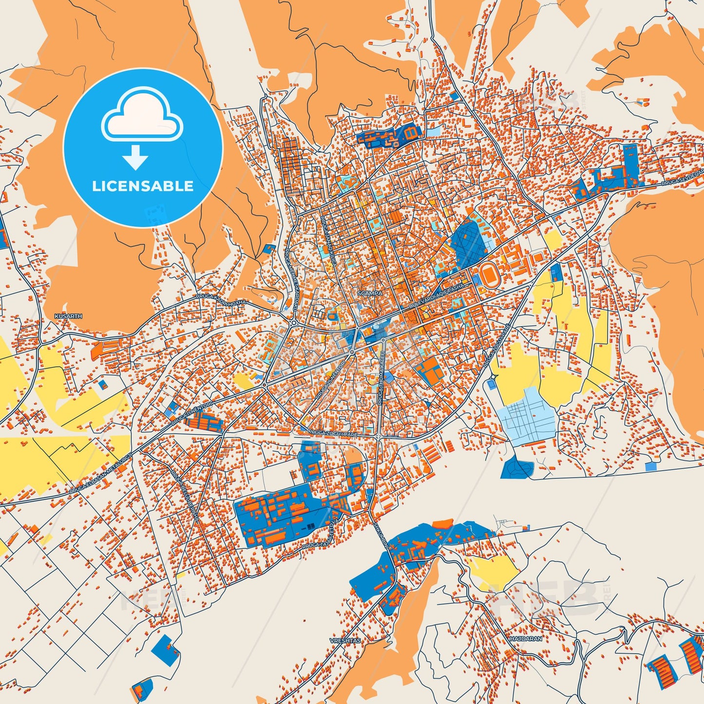 Colorful Elbasan Street Map with Labels and Buildings