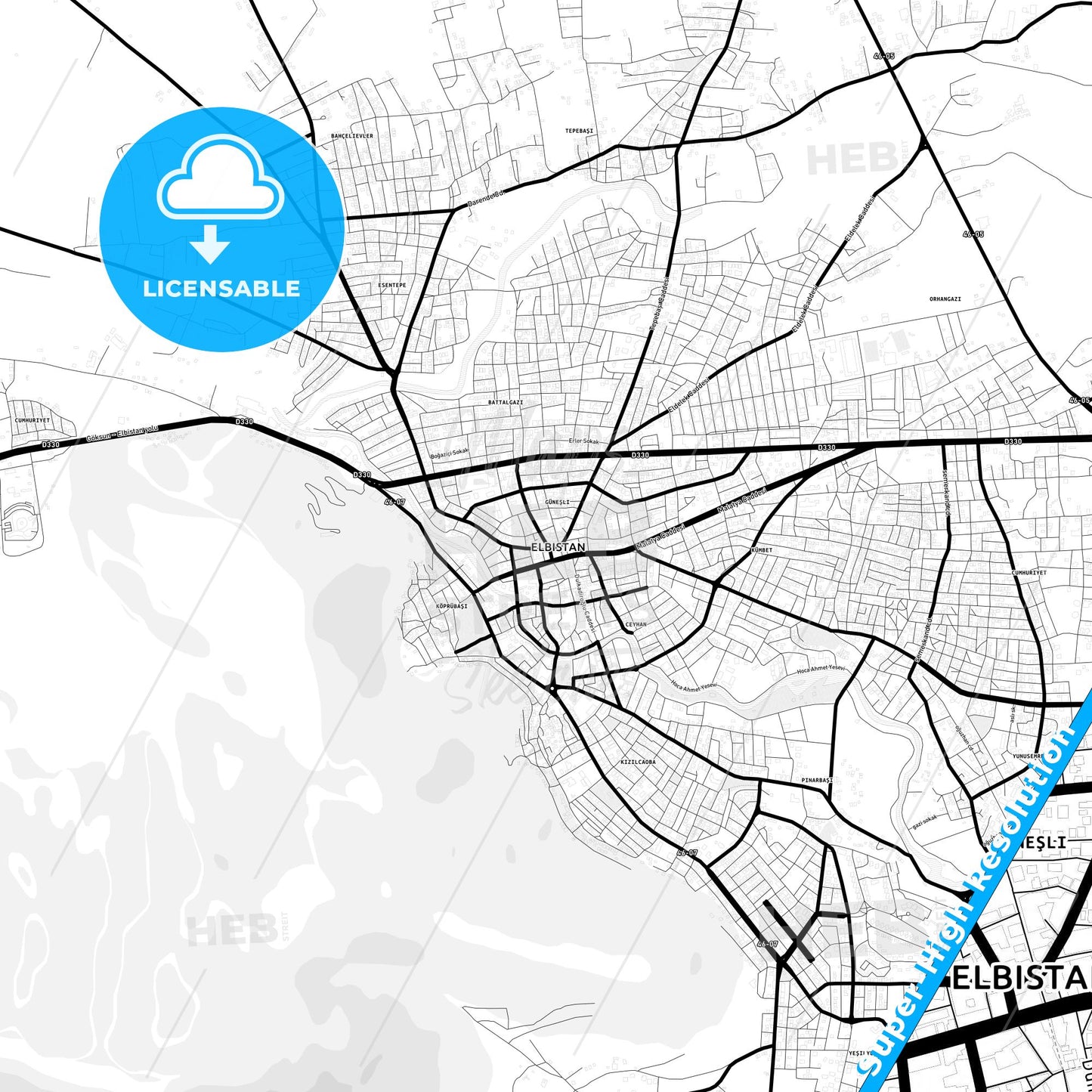 Elbistan, Turkey Light Map with Street Names, City Names, and Districts