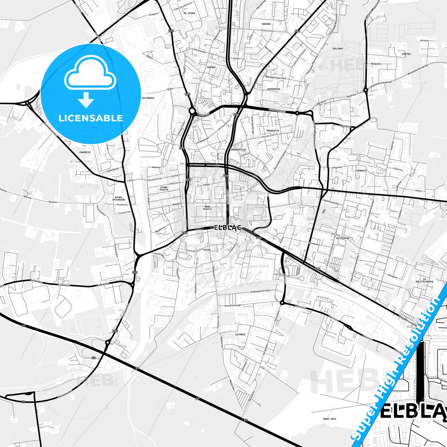 Elbląg, Poland Light Map with Street Names, City Names, and Districts