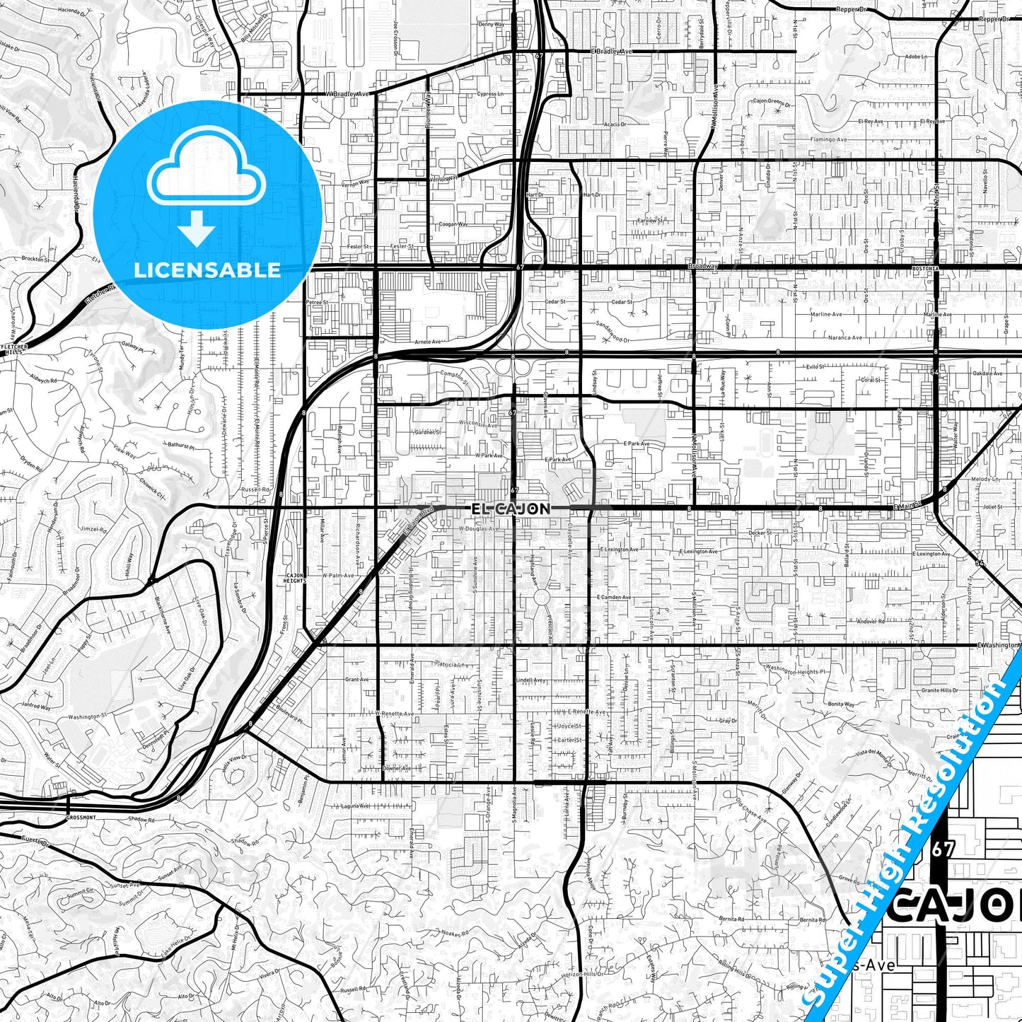 El Cajon, California Light Map with Street Names, City Names, and Districts