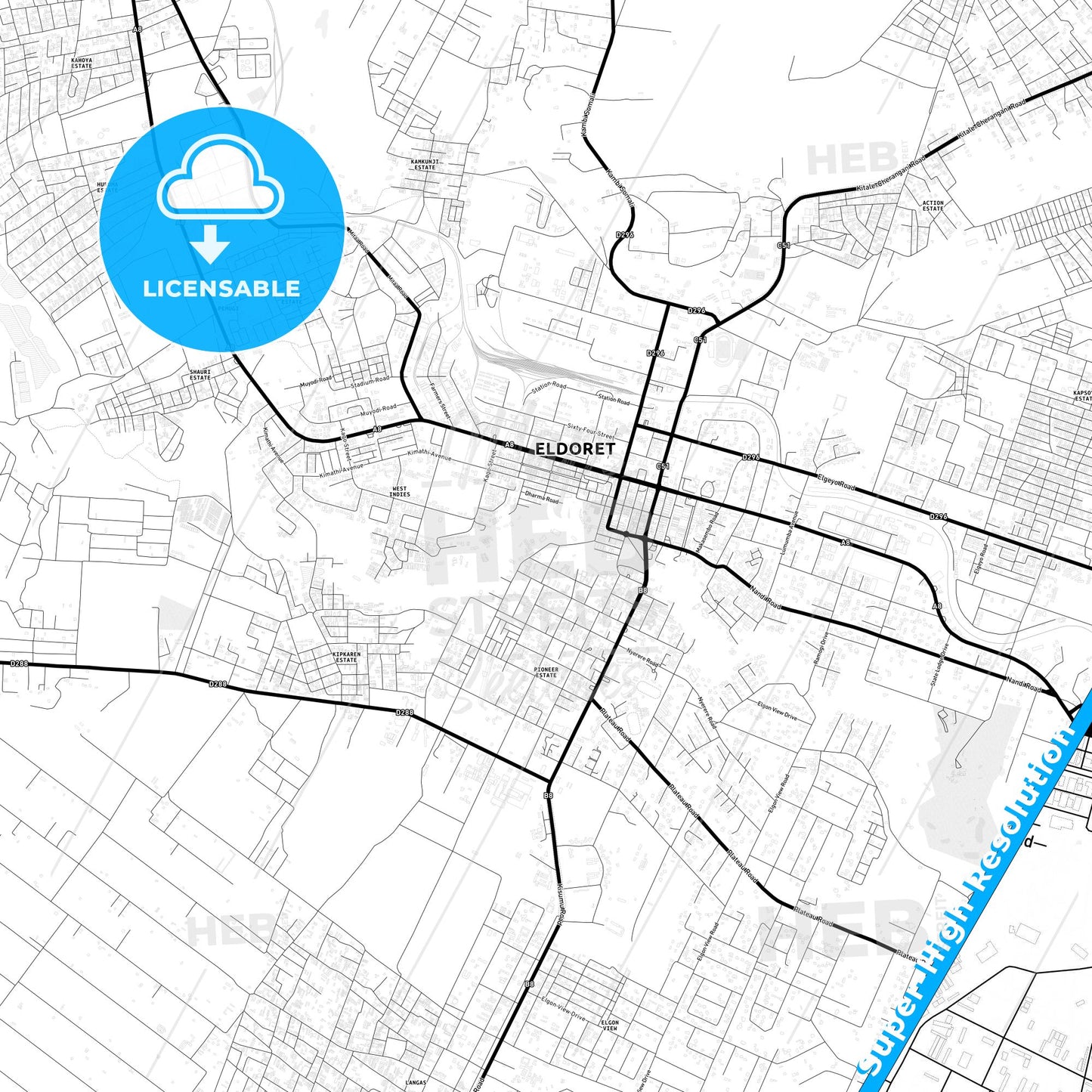 Eldoret, Kenya Light Map with Street Names, City Names, and Districts