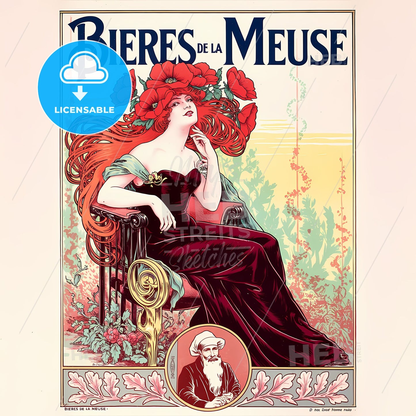 Elegant Art Nouveau Beer Poster: Enchanting Lady & Vibrant Poppy Adornments