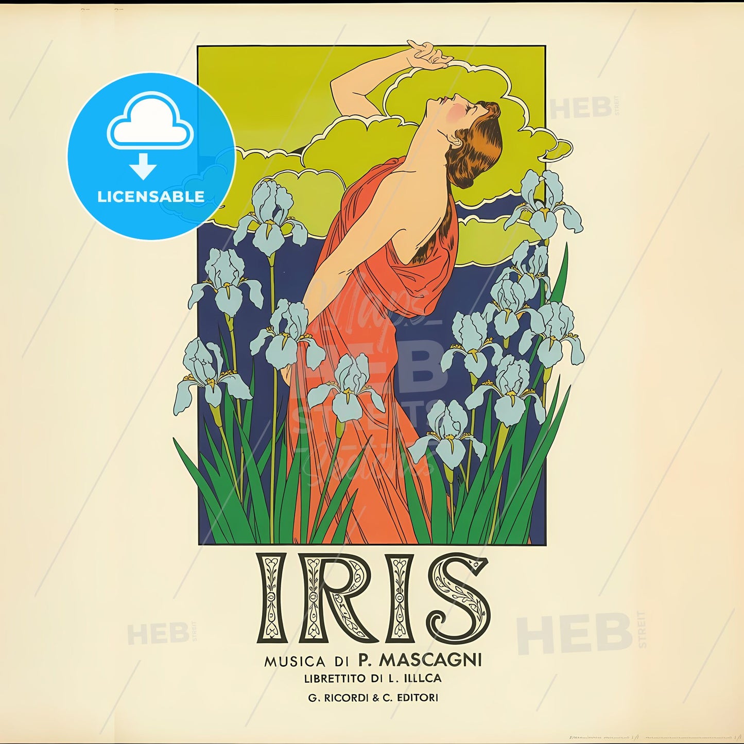 Elegant Art Nouveau Opera Poster: Iris in Flowing Colors and Organic Charm