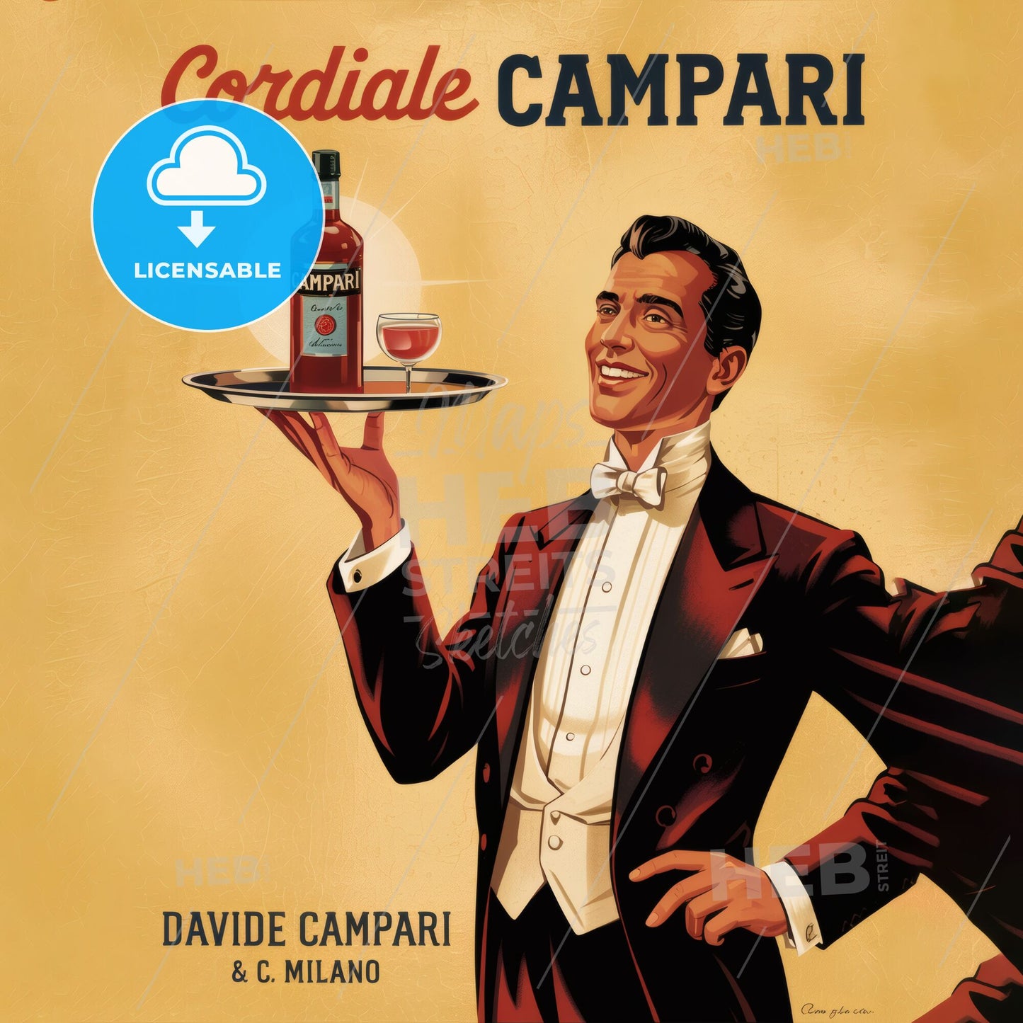 Elegant Bartender Serving Campari in Classic Vintage Style with Joyful Presentation and Sophisticated Atmosphere.