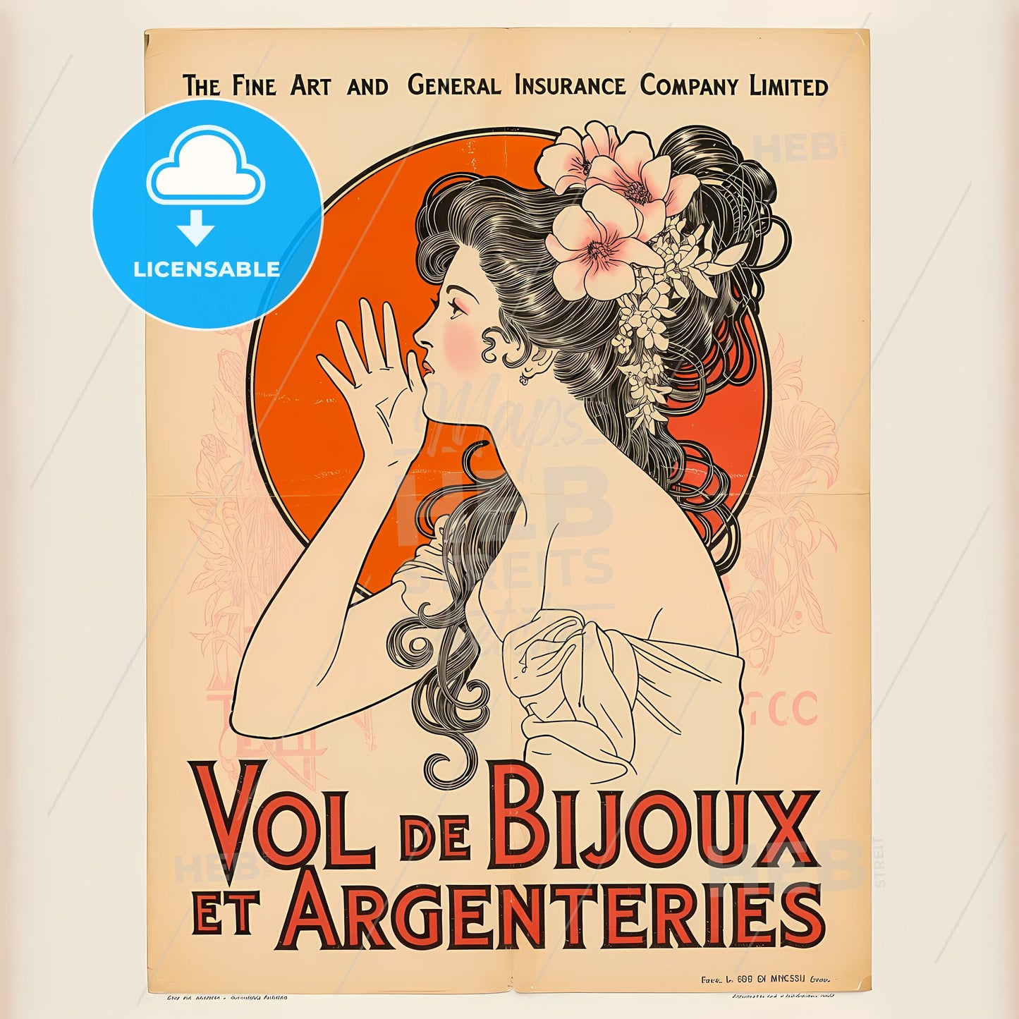 Elegantly Curved Art Nouveau Insurance Poster with Graceful Femme Profile