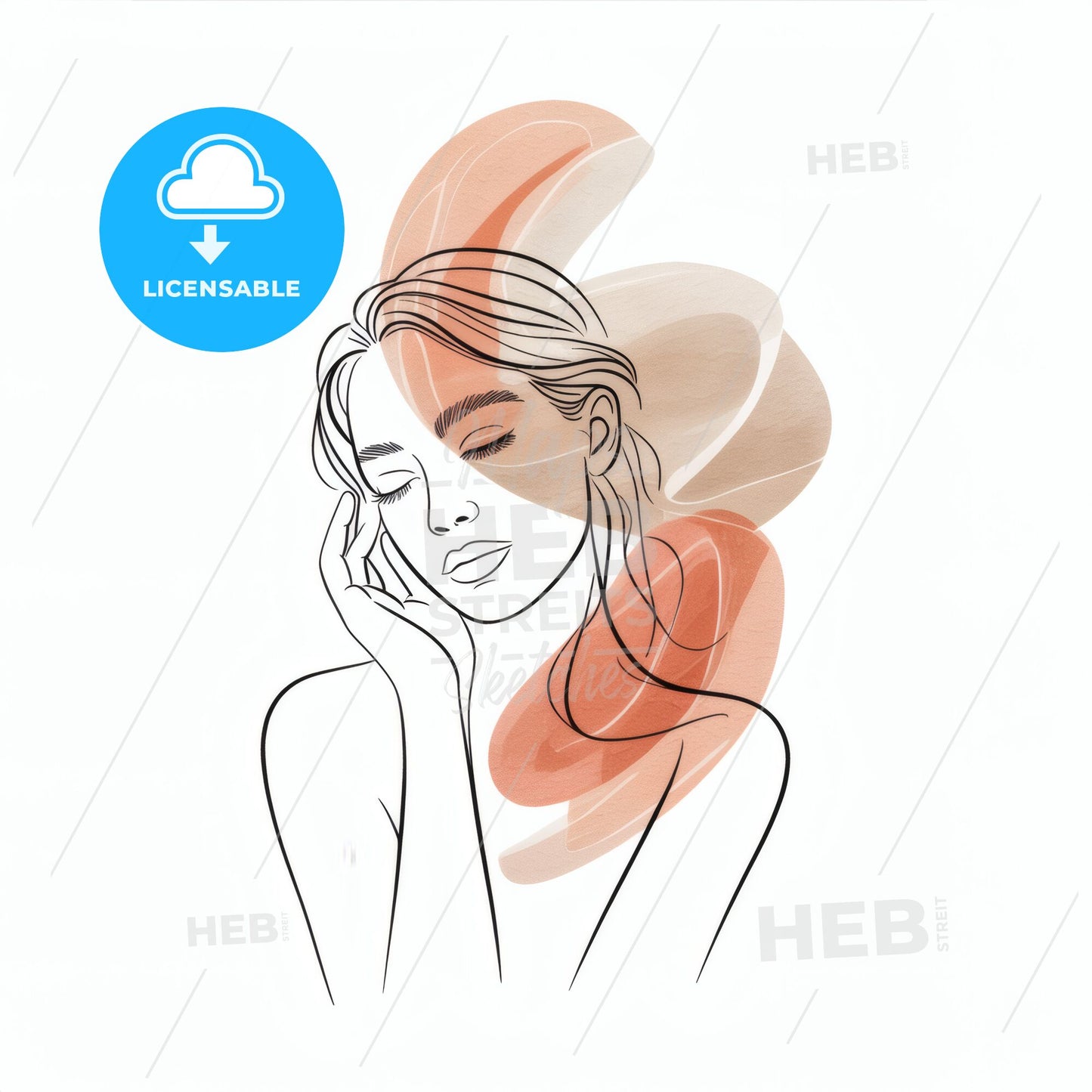 Elegant Line Art Portrait of a Serene Woman with Abstract Color Accents for Modern Aesthetic Designs.