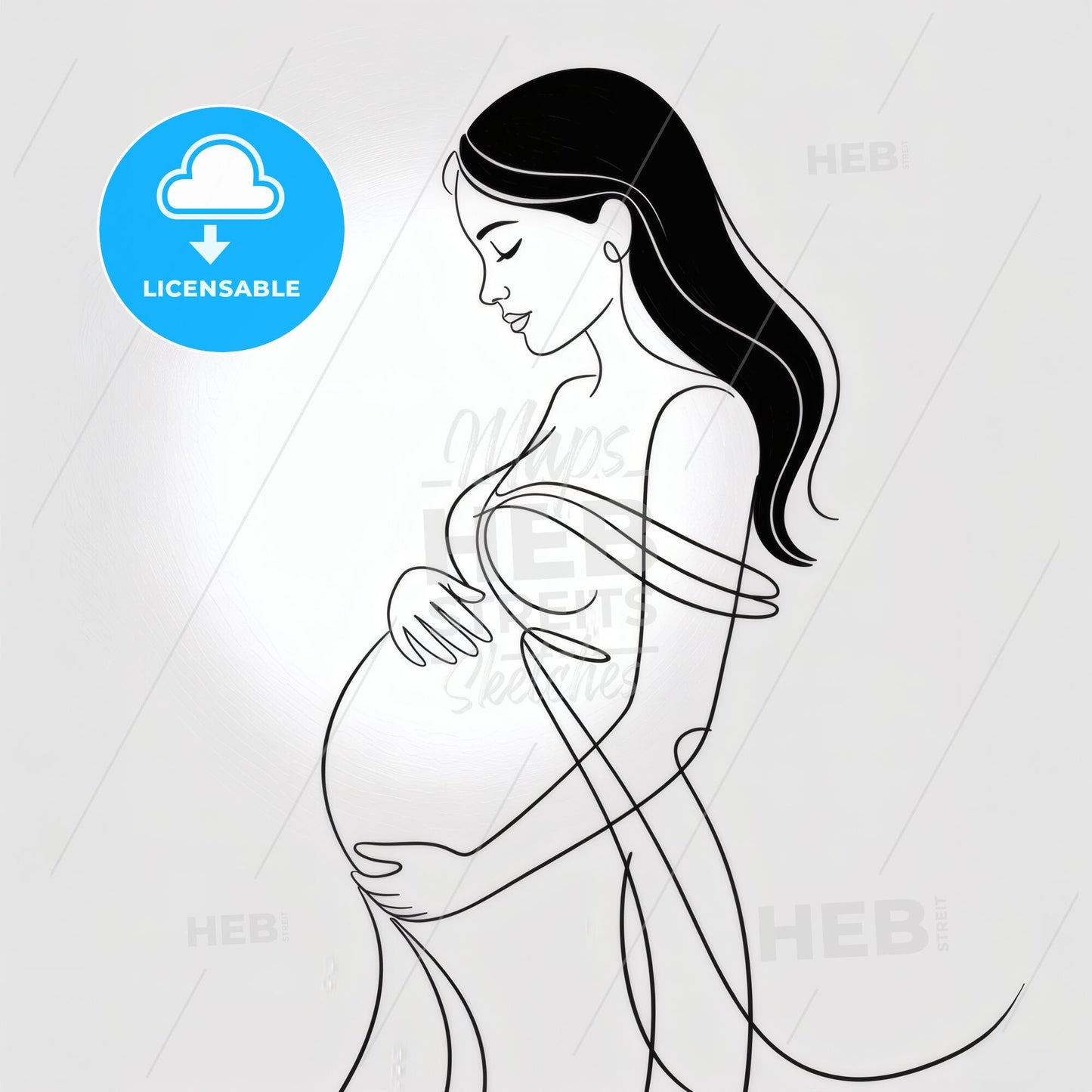 Elegant Line Art of a Pregnant Woman Embracing Her Baby Bump in a Minimalist Style.