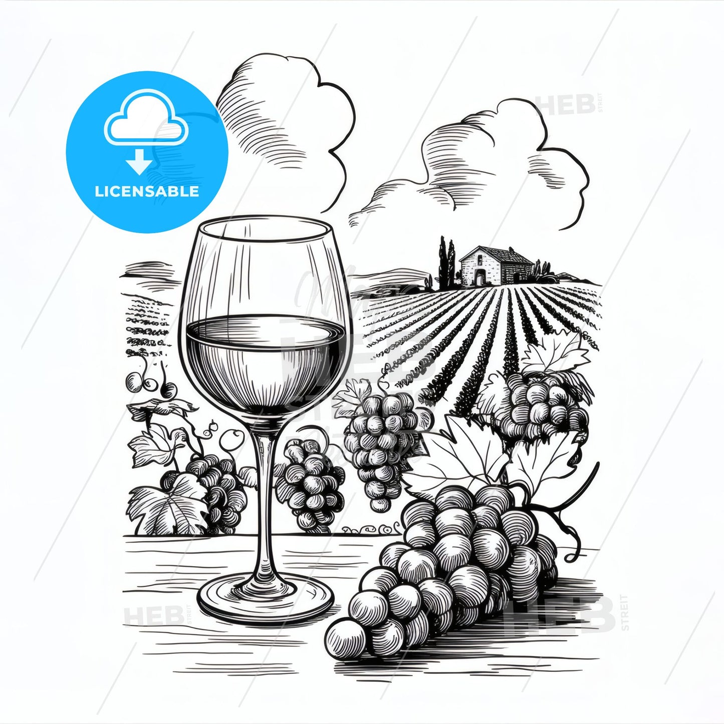 Elegant Wine Glass Surrounded by Grapes and Scenic Vineyard Landscape in Classic Black and White Illustration.