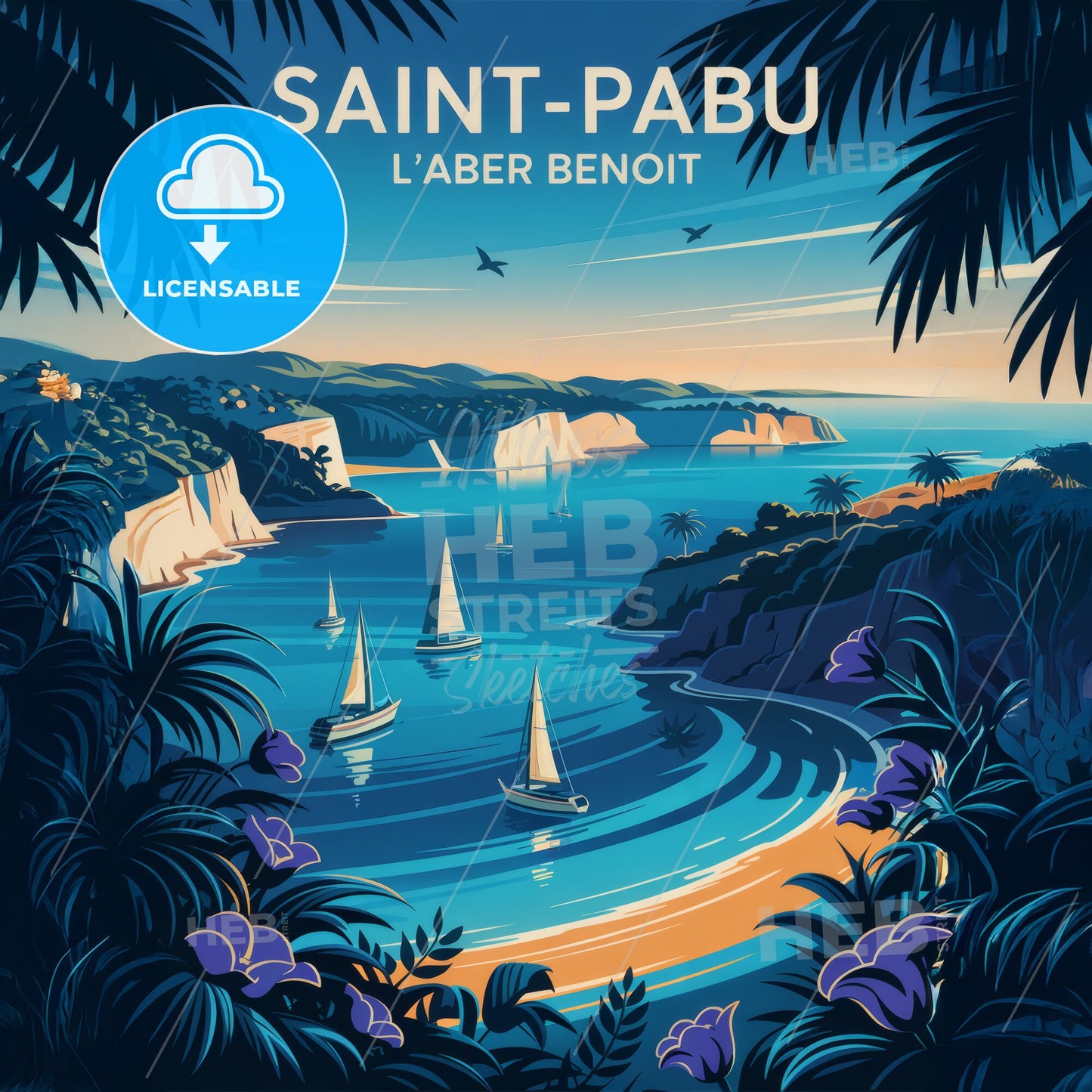 Elegantly Retro Saint-Pabu Travel Poster: A Serene Coastal Escape in Art Deco Style