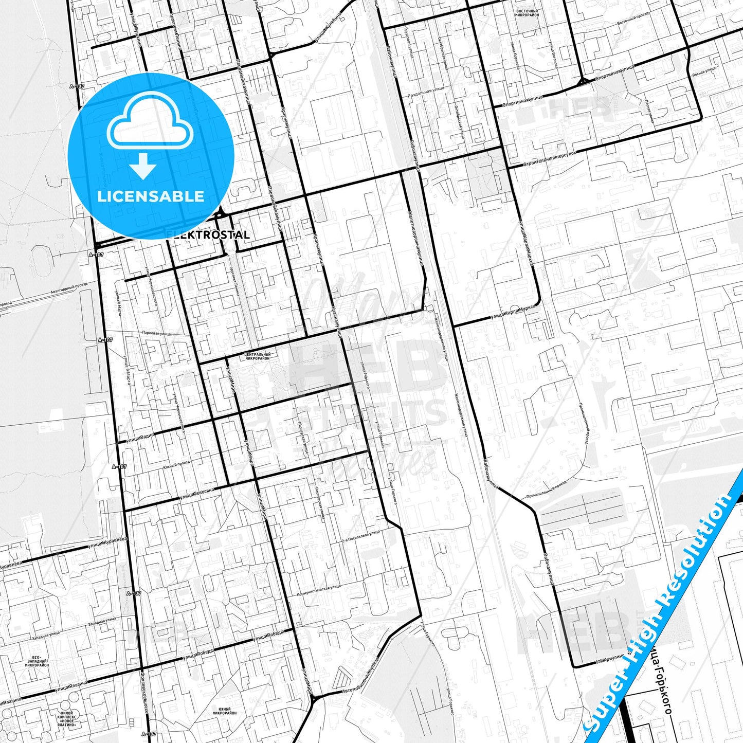 Elektrostal, Russia Light Map with Street Names, City Names, and Districts