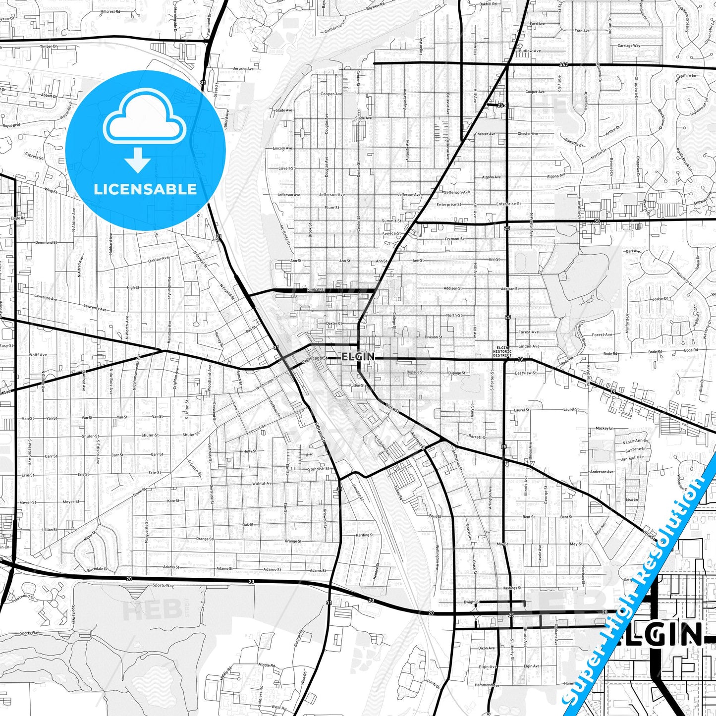 Elgin, Illinois Light Map with Street Names, City Names, and Districts