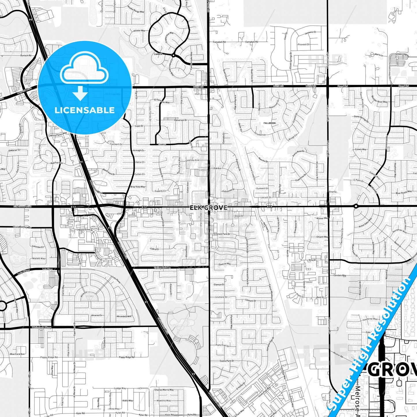 Elk Grove, California Light Map with Street Names, City Names, and Districts