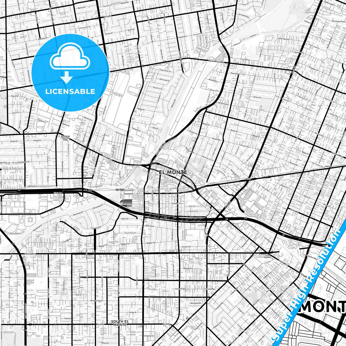 El Monte, California Light Map with Street Names, City Names, and Districts