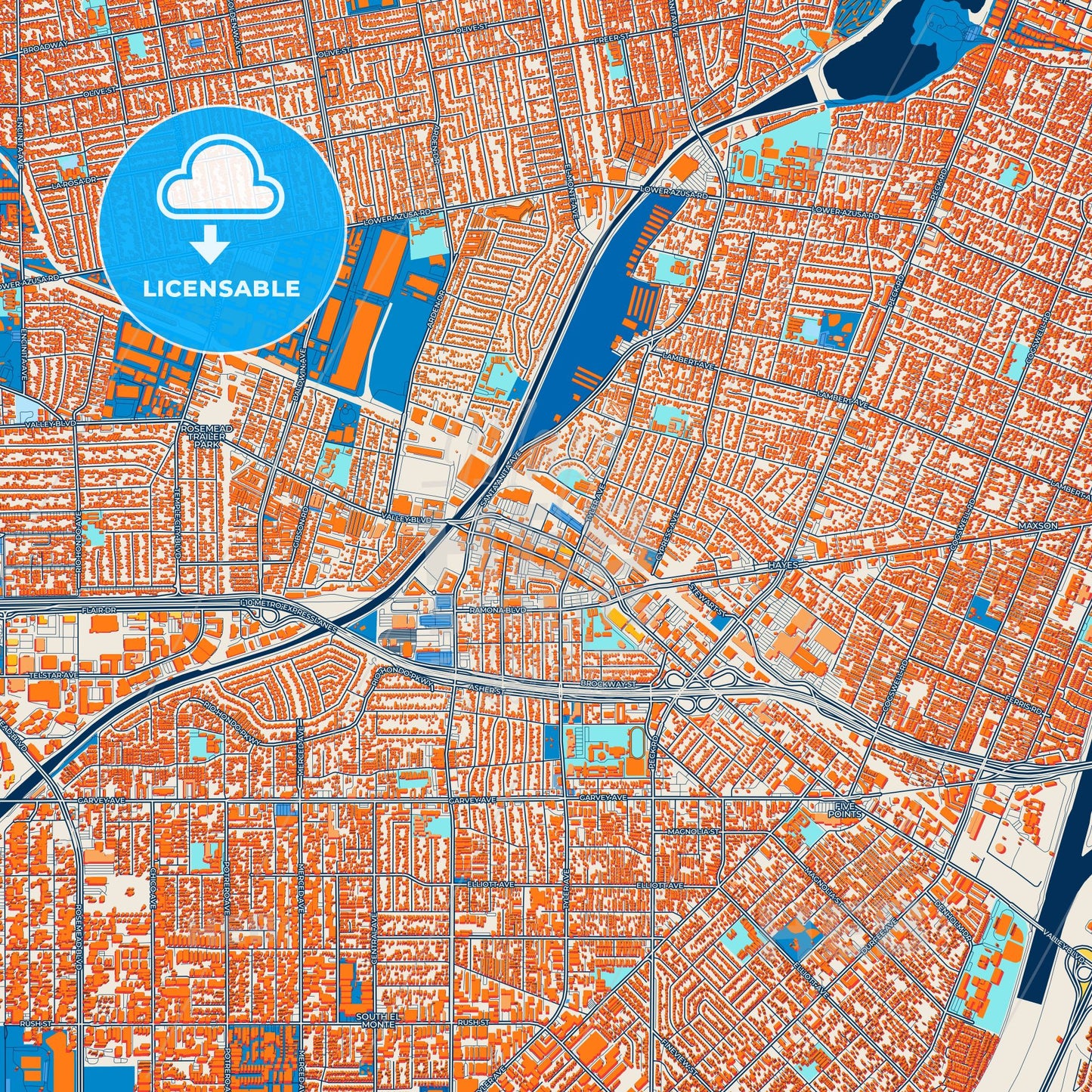 Colorful El Monte Street Map with Labels and Buildings