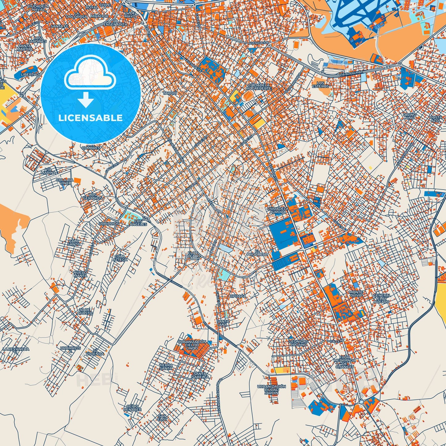 Colorful Eloy Alfaro Street Map with Labels and Buildings