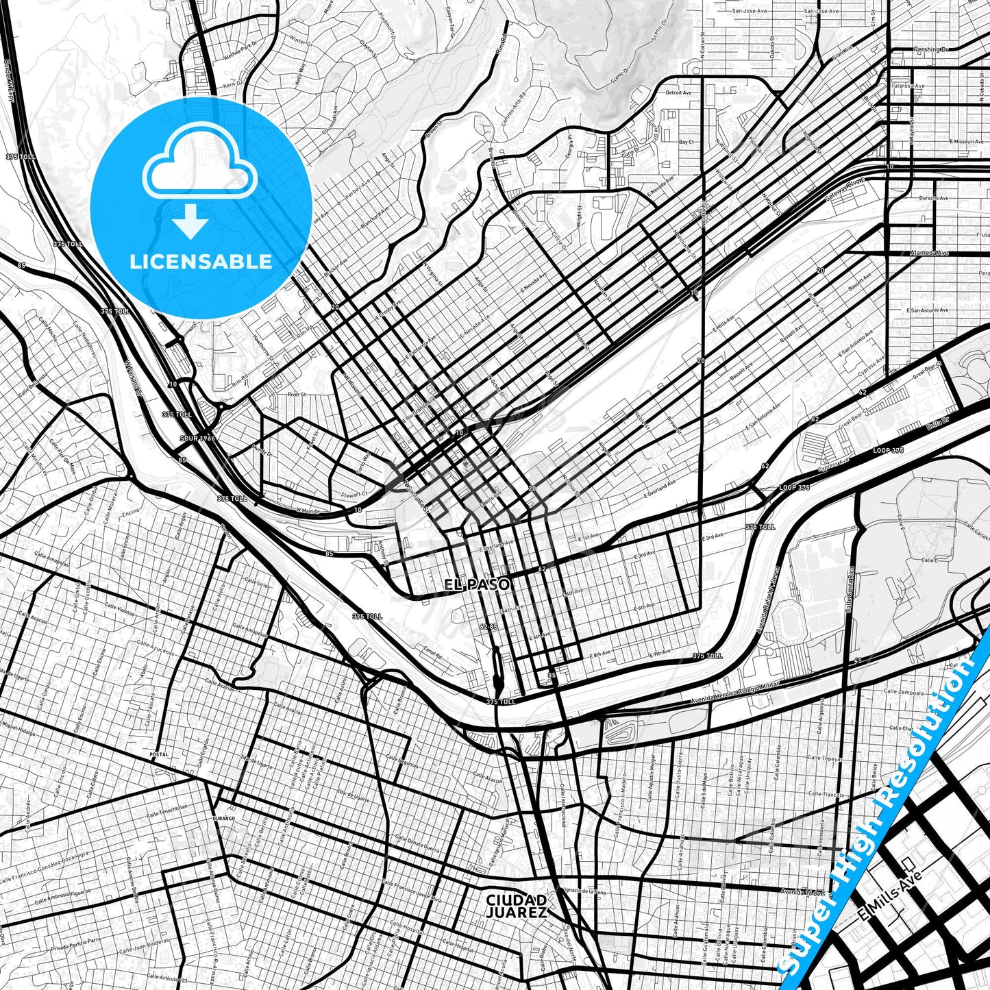 El Paso, Texas Light Map with Street Names, City Names, and Districts