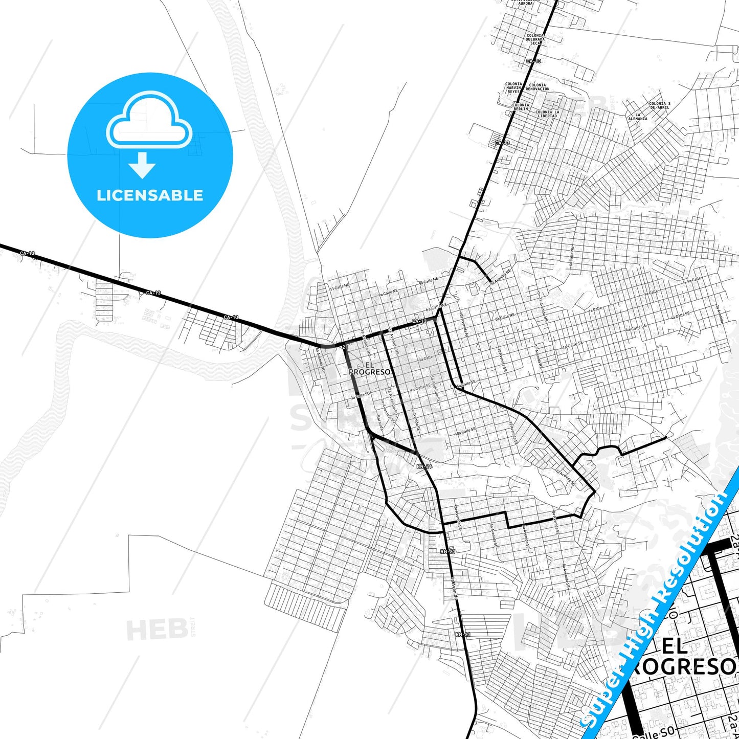 El Progreso, Honduras Light Map with Street Names, City Names, and Districts