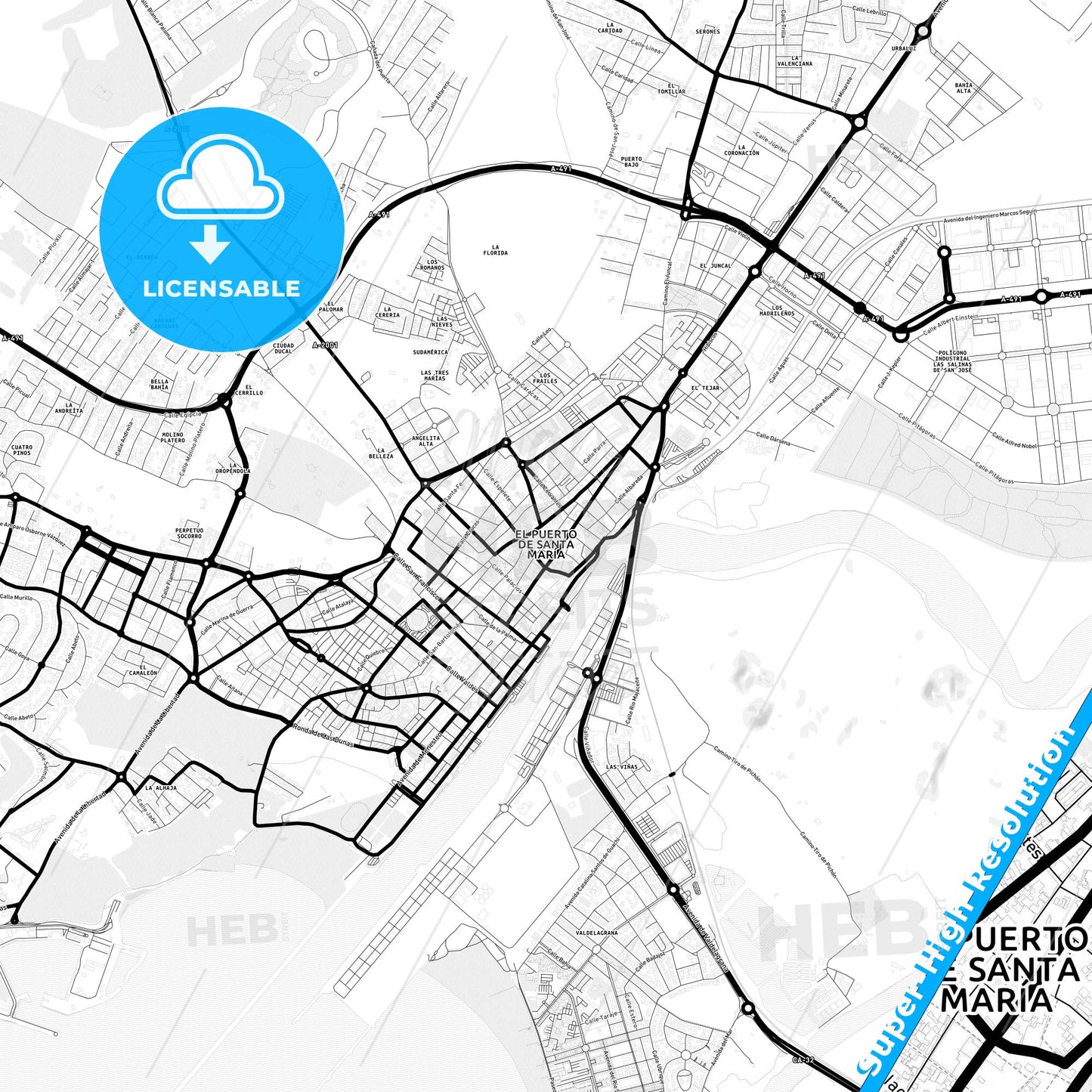 El Puerto de Santa María, Spain Light Map with Street Names, City Names, and Districts