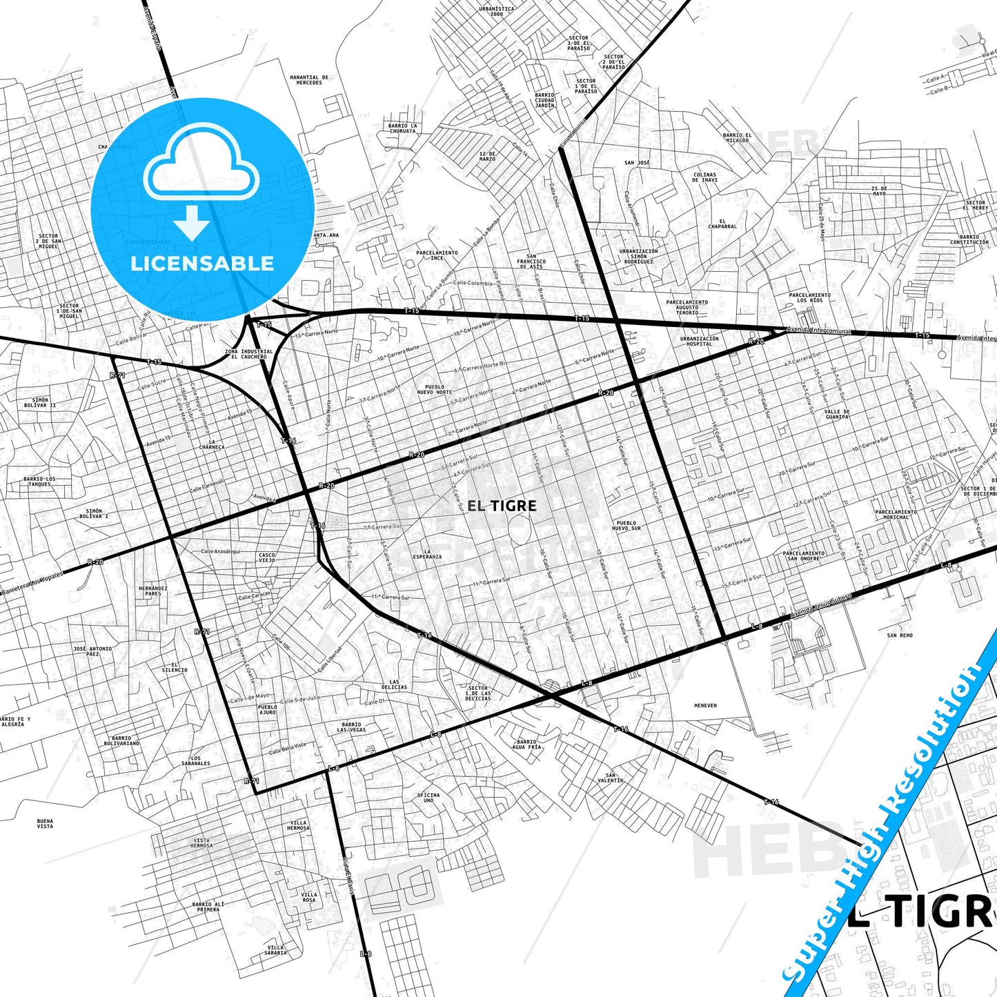 El Tigre, Venezuela Light Map with Street Names, City Names, and Districts
