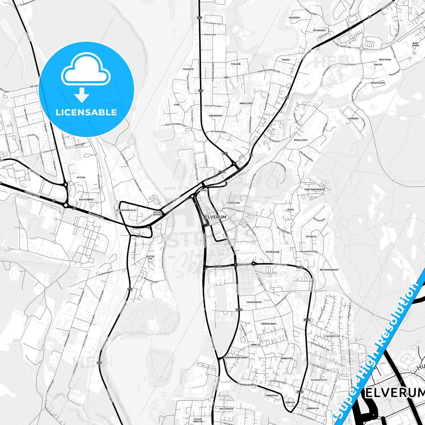 Elverum, Norway Light Map with Street Names, City Names, and Districts