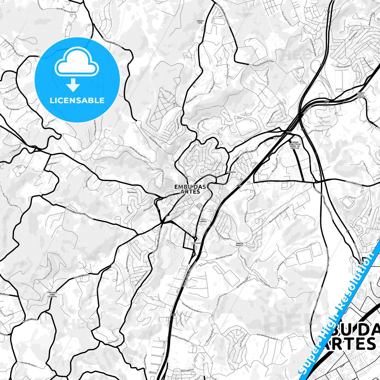 Embu, Brazil Light Map with Street Names, City Names, and Districts