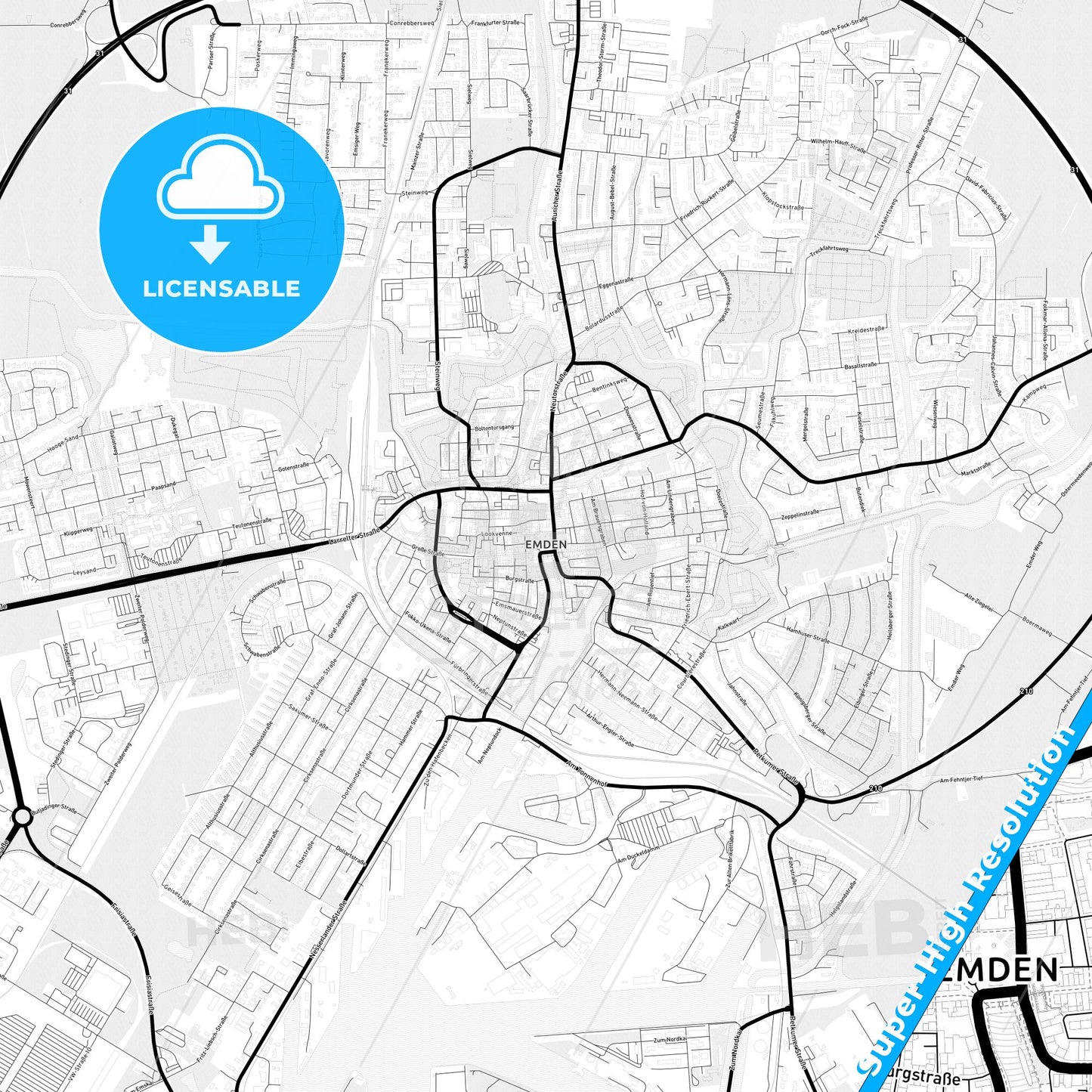Emden, Germany Light Map with Street Names, City Names, and Districts