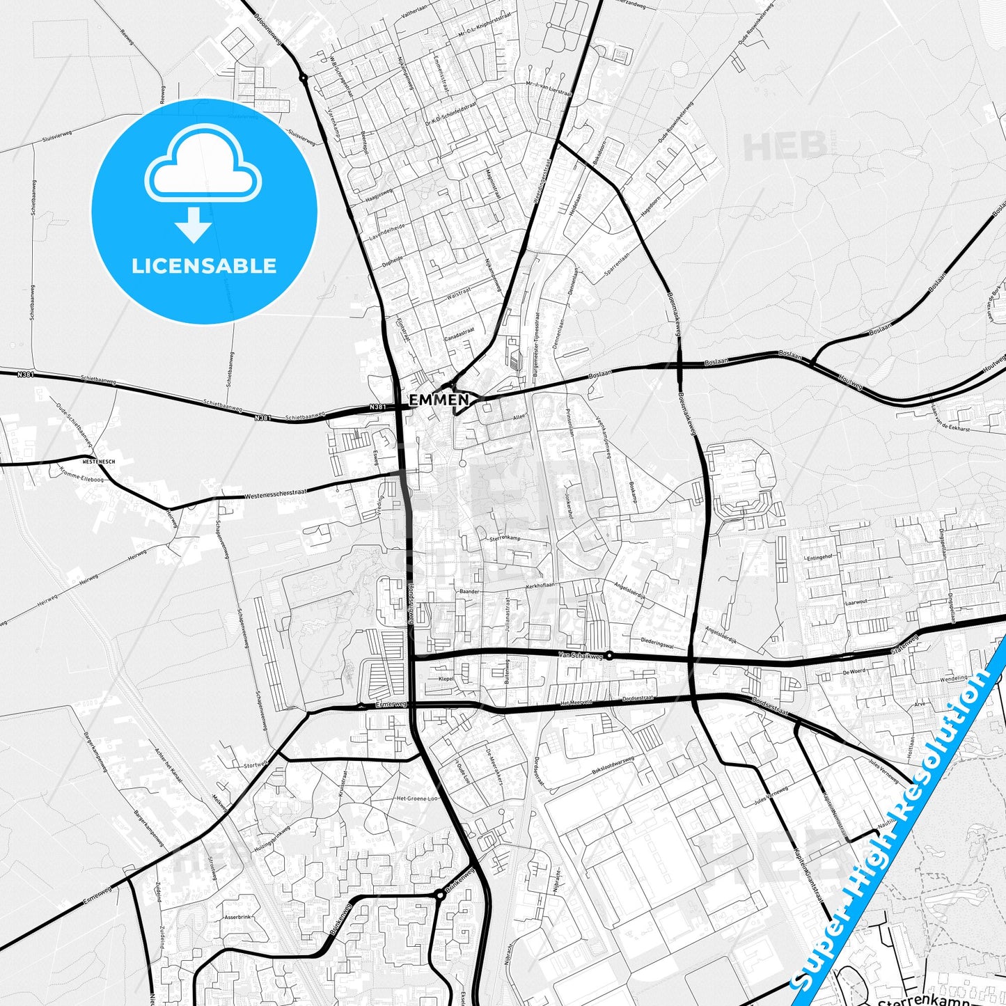 Emmen, Netherlands Light Map with Street Names, City Names, and Districts