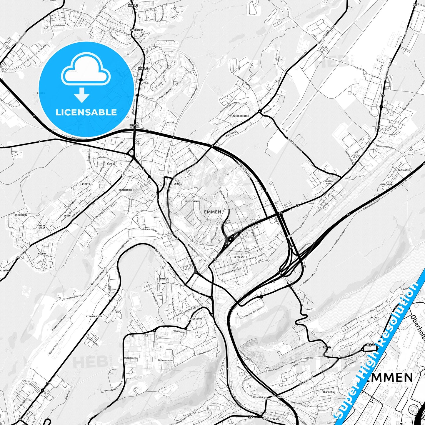 Emmen, Switzerland Light Map with Street Names, City Names, and Districts