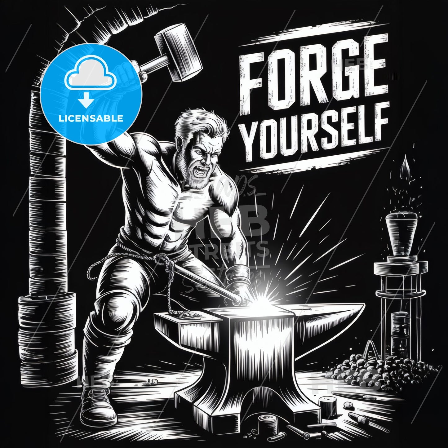 Empower Your Journey: A Strong Blacksmith Forging Resilience and Strength in a Dramatic Workspace