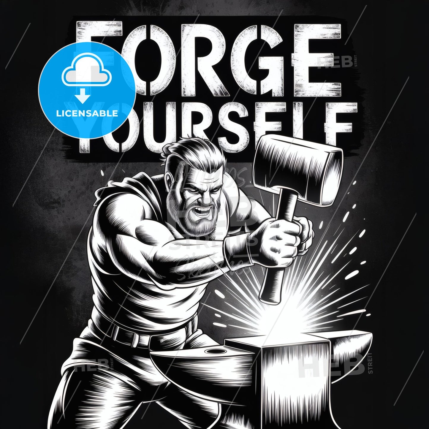 Empower Yourself: Dynamic Illustration of a Blacksmith Forging Strength and Resilience with Inspiring Message.