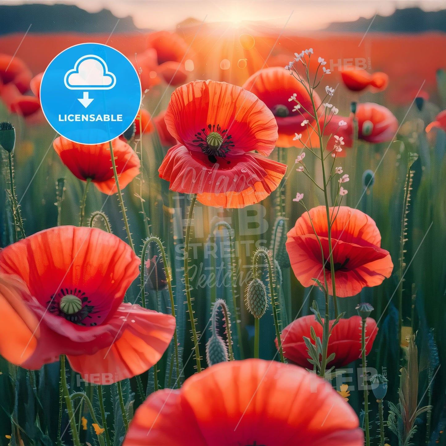 Enchanted Poppies: Ethereal Golden Hour Meadow Bliss in Romantic Soft Focus