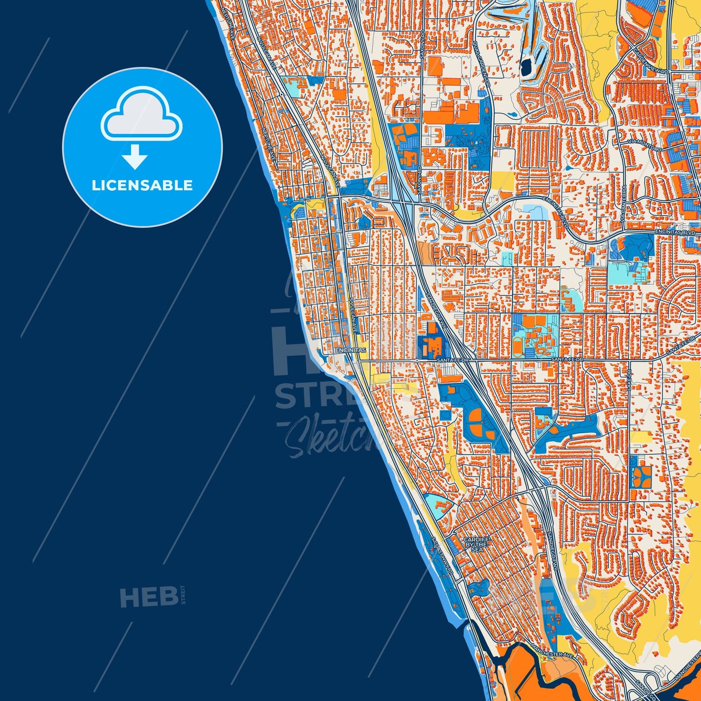 Colorful Encinitas Street Map with Labels and Buildings