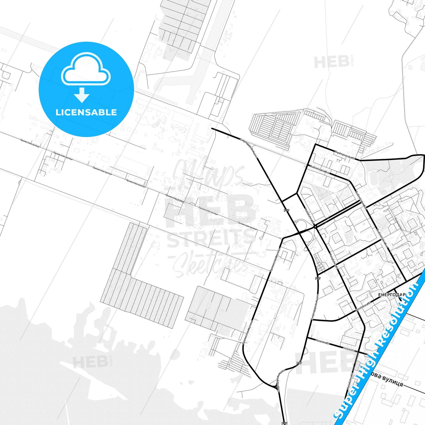 Enerhodar, Ukraine Light Map with Street Names, City Names, and Districts