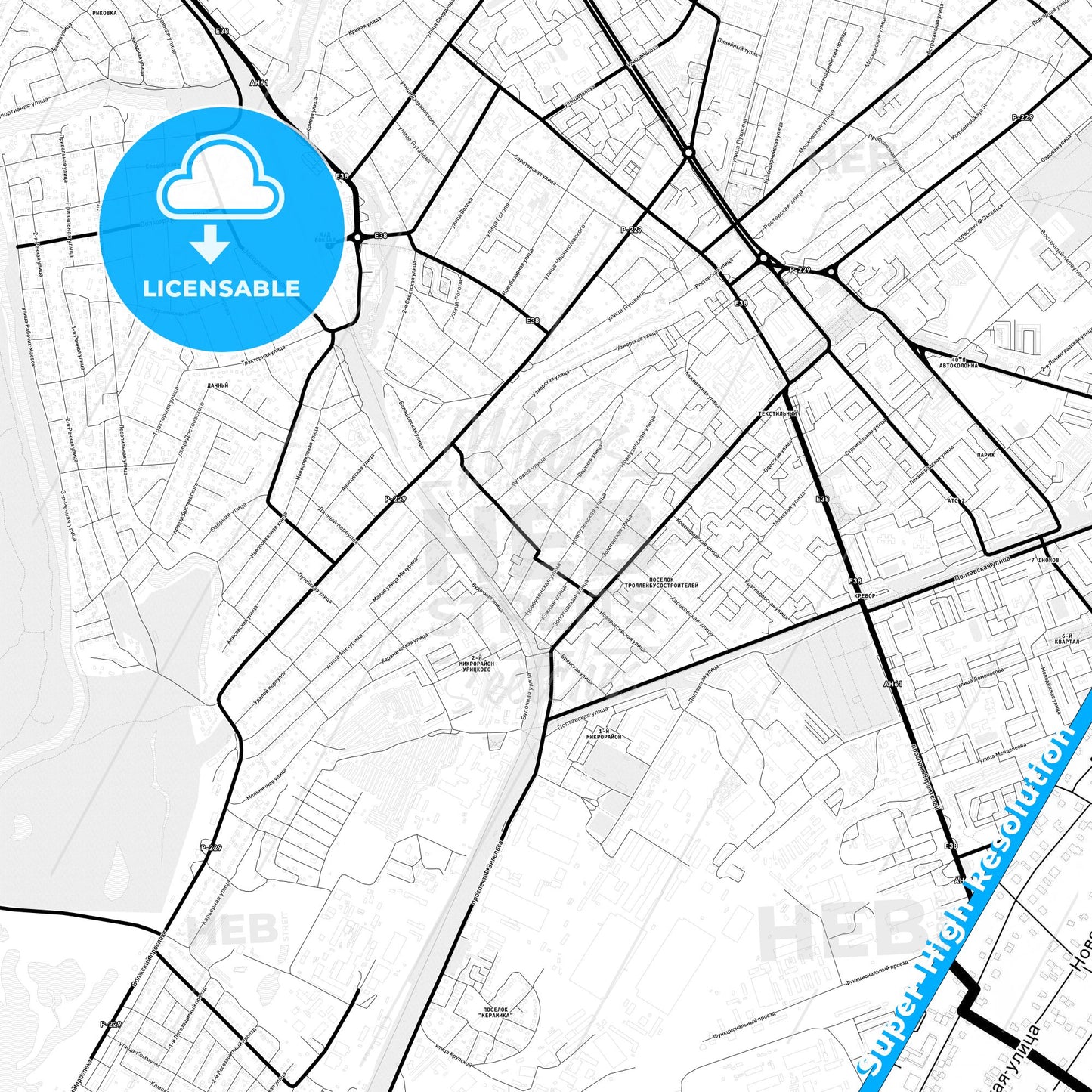 Engels, Russia Light Map with Street Names, City Names, and Districts