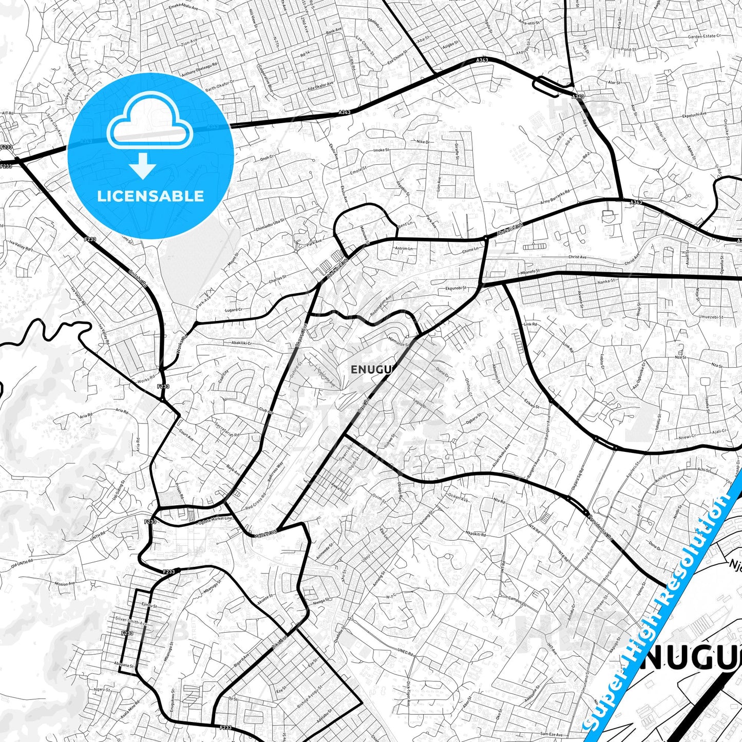 Enugu, Nigeria Light Map with Street Names, City Names, and Districts