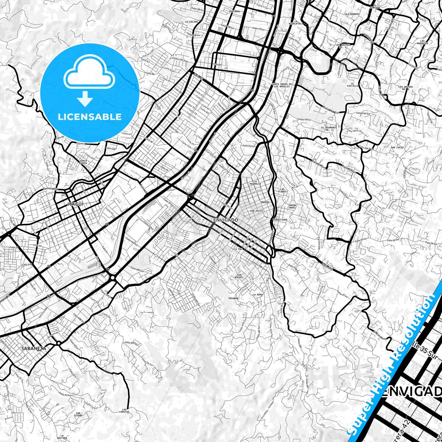 Envigado, Colombia Light Map with Street Names, City Names, and Districts
