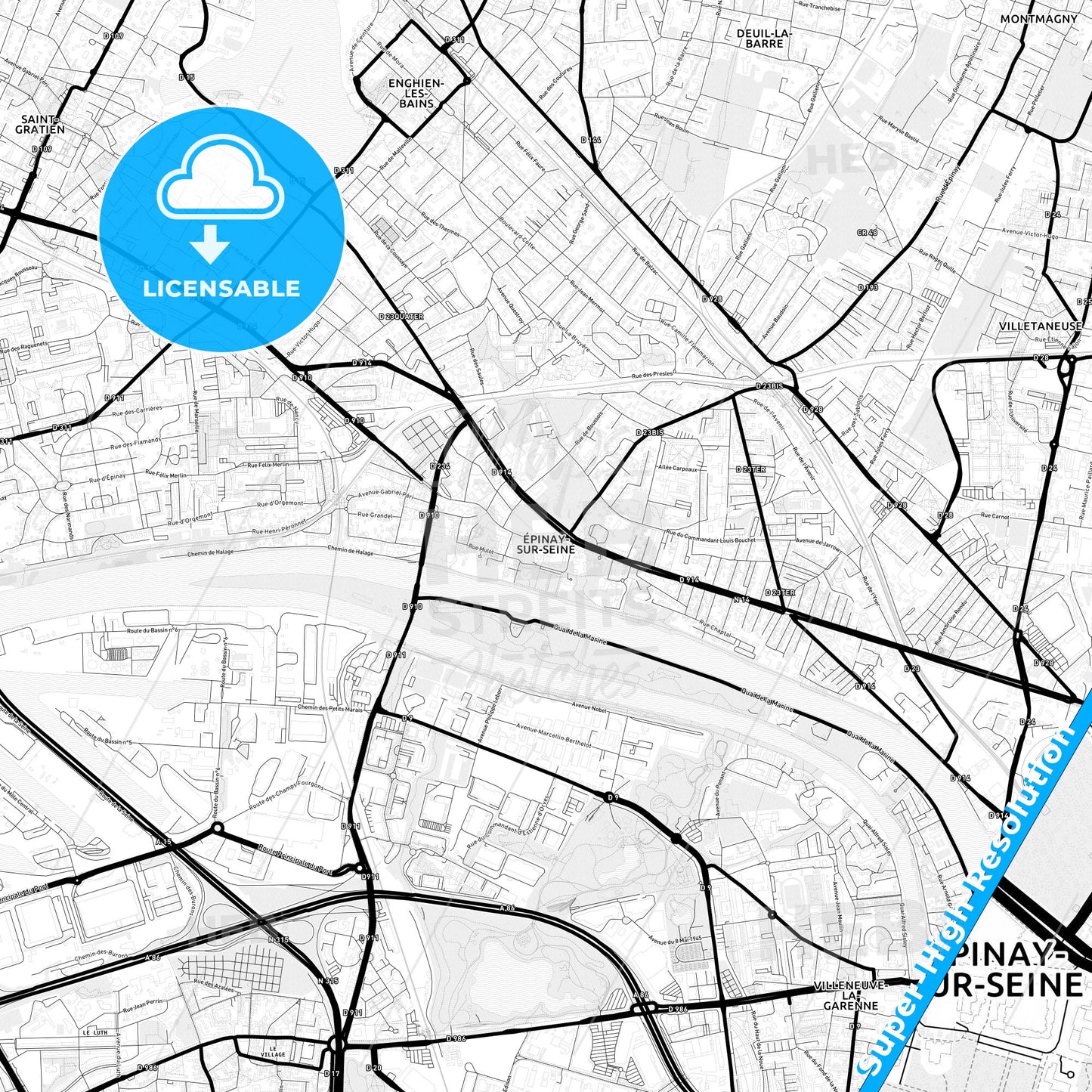 Épinay-sur-Seine, France Light Map with Street Names, City Names, and Districts