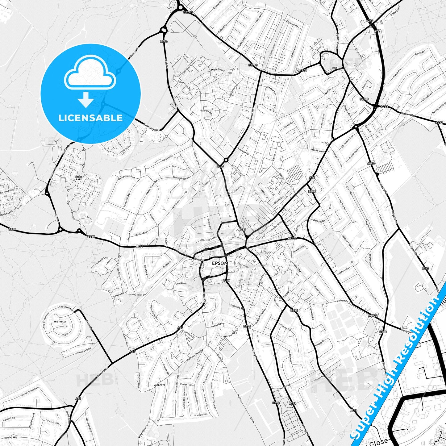 Epsom and Ewell, England Light Map with Street Names, City Names, and Districts