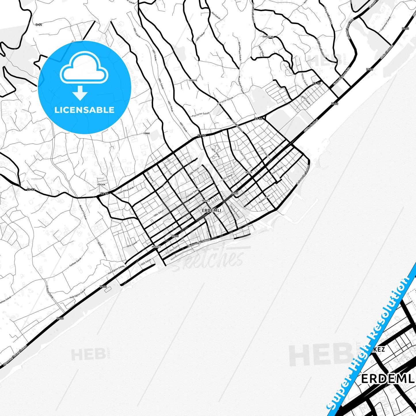 Erdemli, Turkey Light Map with Street Names, City Names, and Districts