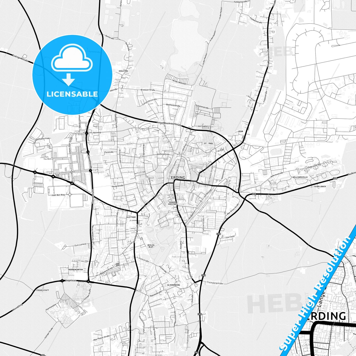Erding, Germany Light Map with Street Names, City Names, and Districts