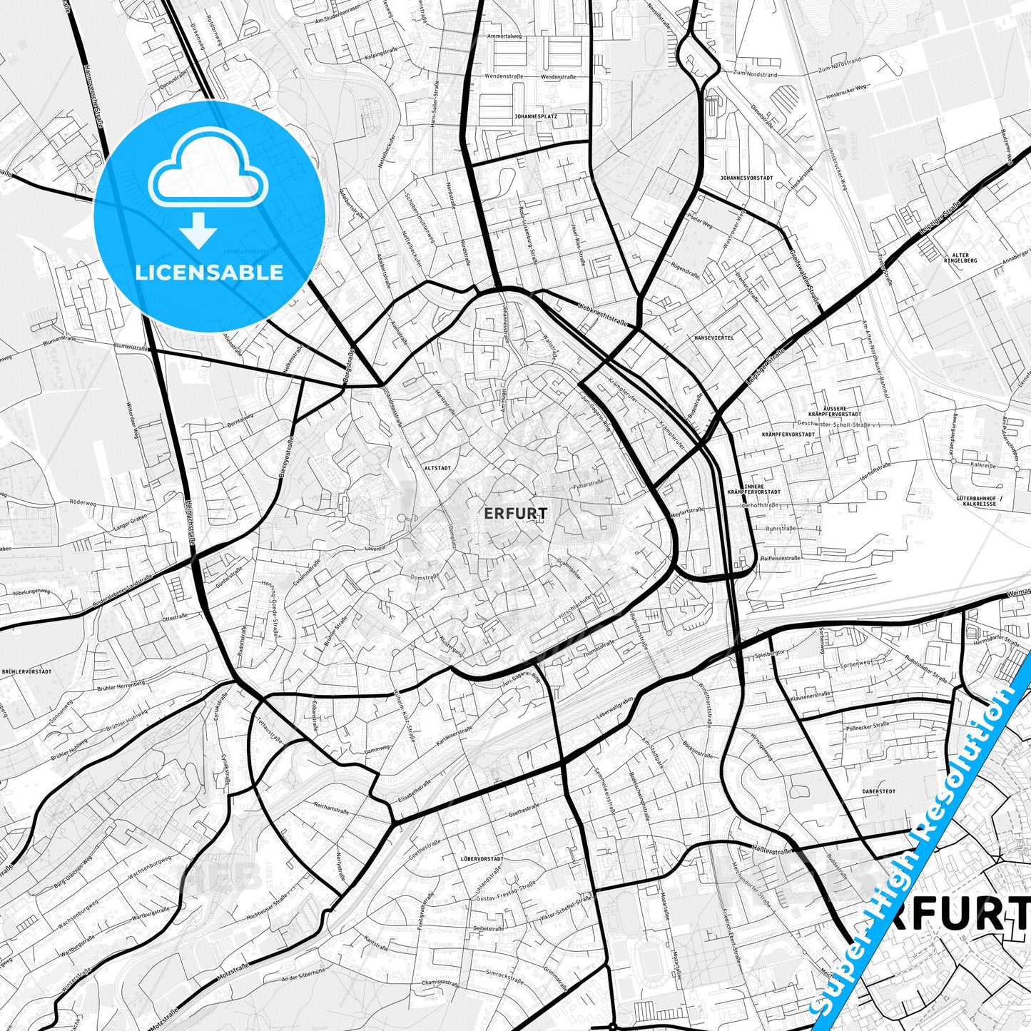 Erfurt, Germany Light Map with Street Names, City Names, and Districts