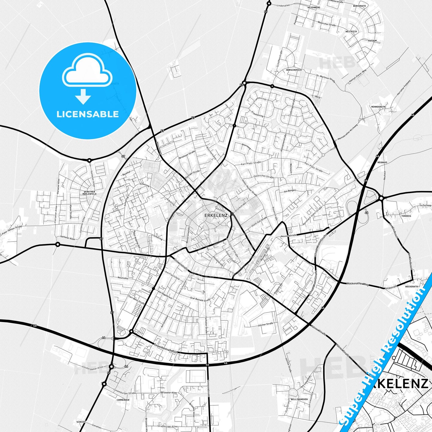 Erkelenz, Germany Light Map with Street Names, City Names, and Districts