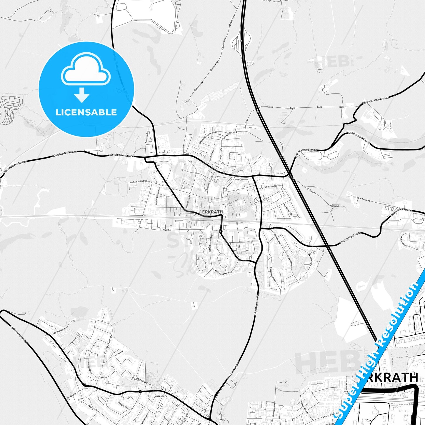 Erkrath, Germany Light Map with Street Names, City Names, and Districts